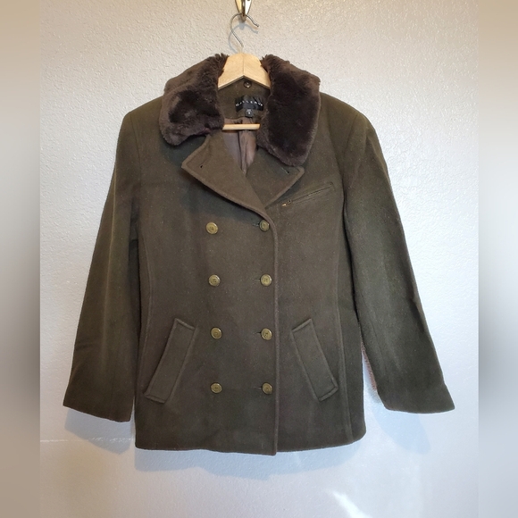 Gallery Wool Chocolate Brown Peacoat  Removable Faux Fur Trim Collar 8 - Picture 1 of 7